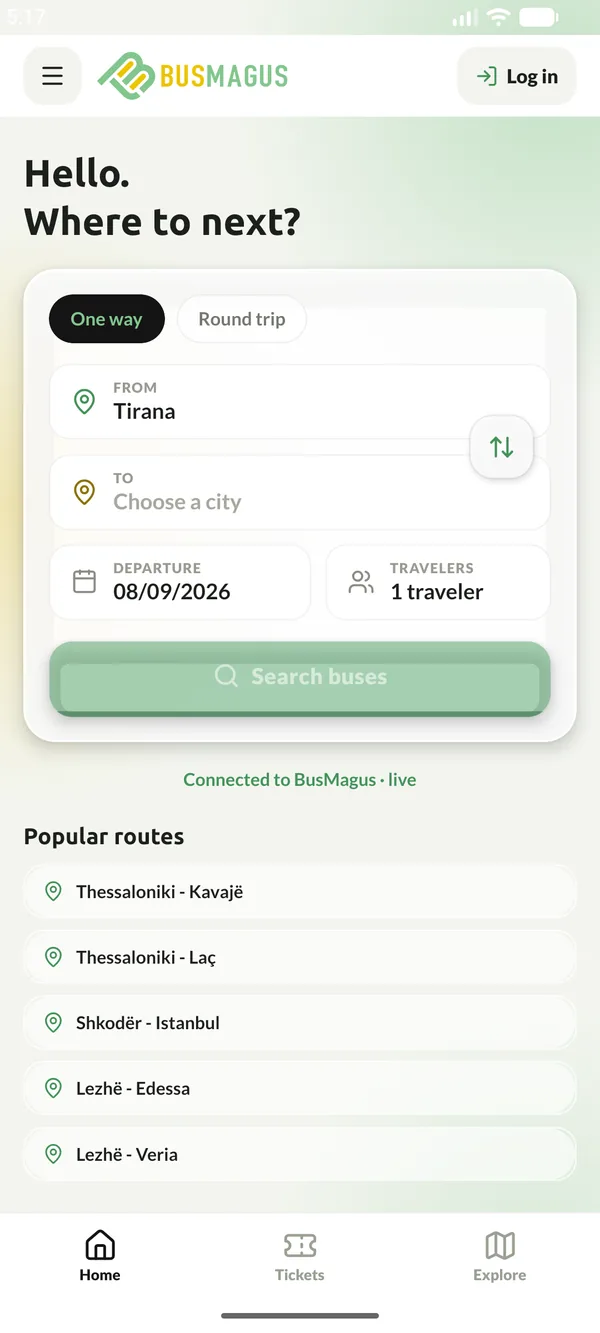 The app home screen with the search form