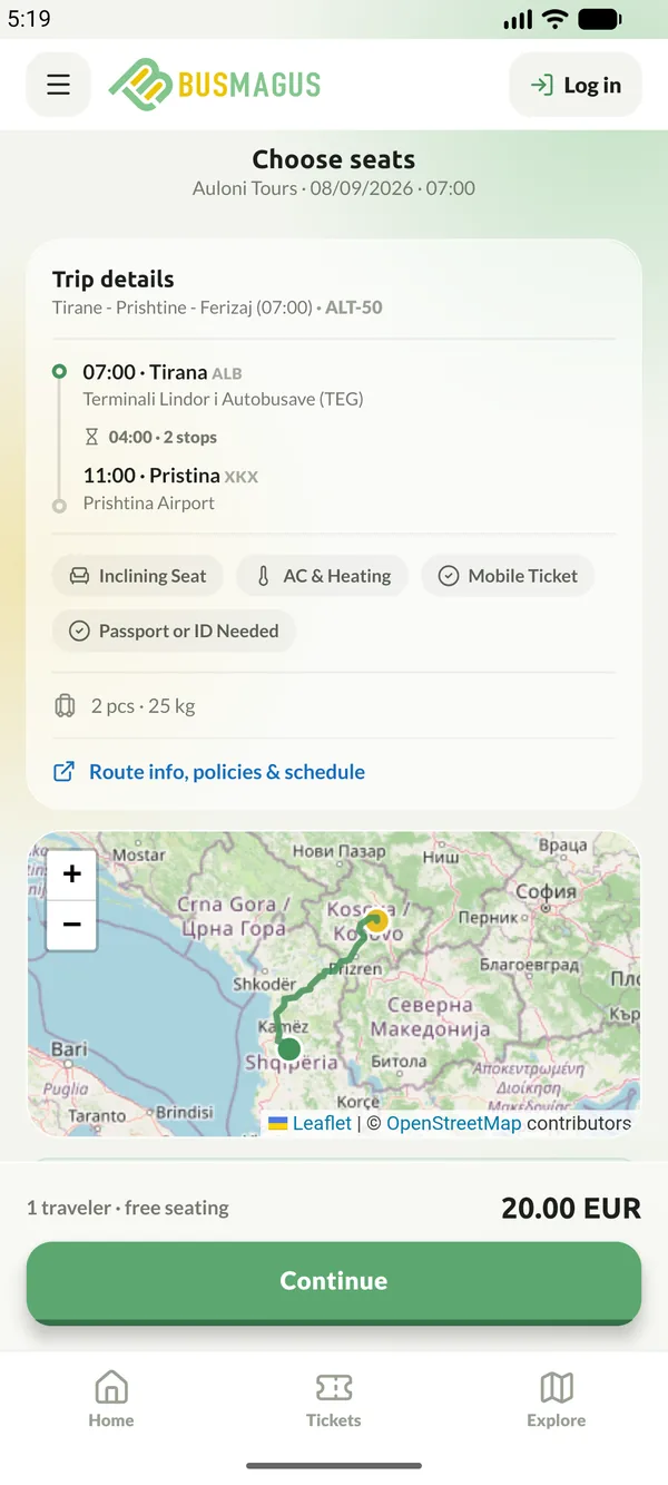 The trip details screen
